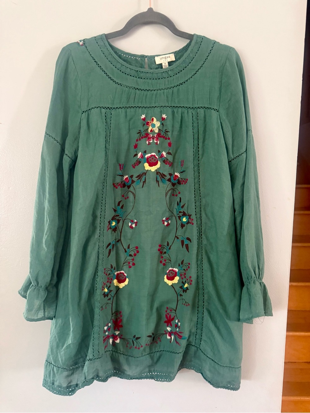 UMGEE Sage Green Boho Embroidered Floral Lace Tunic Dress Medium